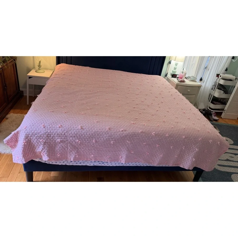 Handmade Reversible Pink Gingham Quilt 88x86 Cotton Tie‎ Quilt Cottagecore